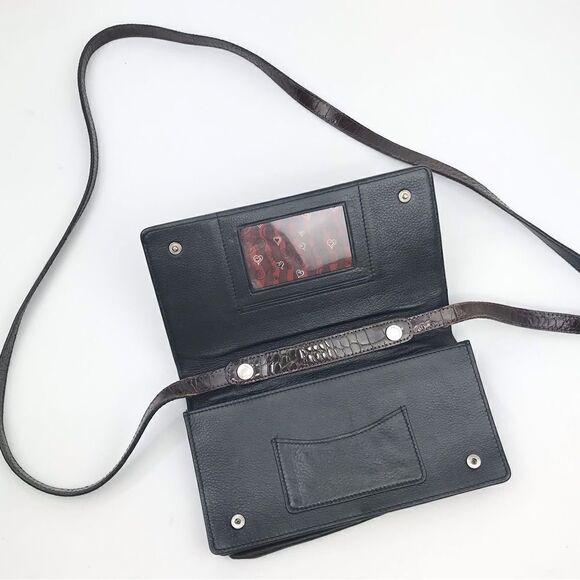 Brighton Brown Leather Reptile Embossed Silver Hardware Strap Wallet Mini Bag - Picture 6 of 16